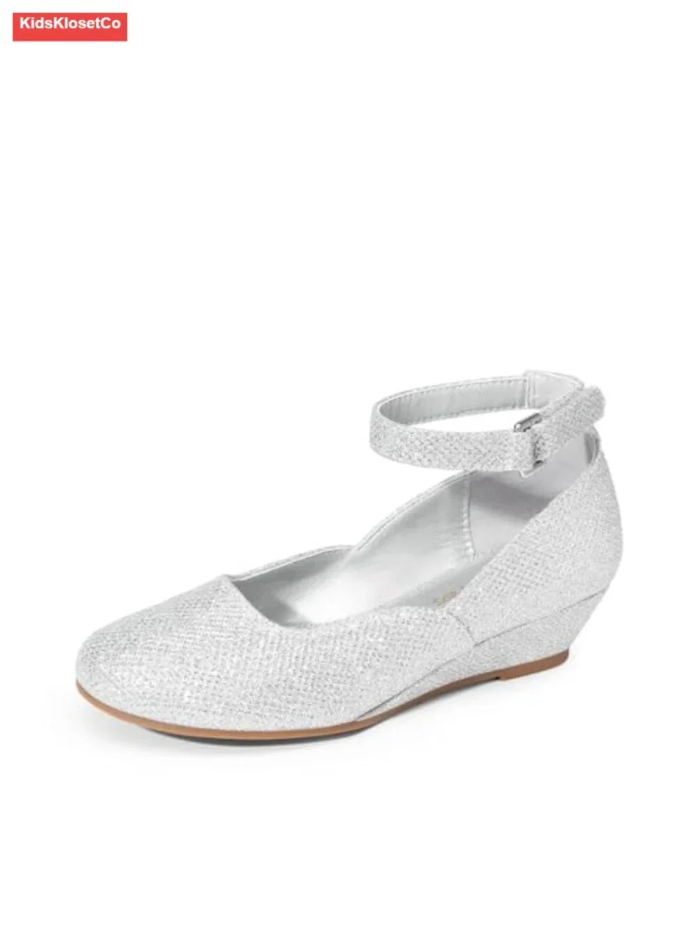 Girls Dress Shoes Low Wedge Heels Ankle Strap Sparkle Flower Party Pumps